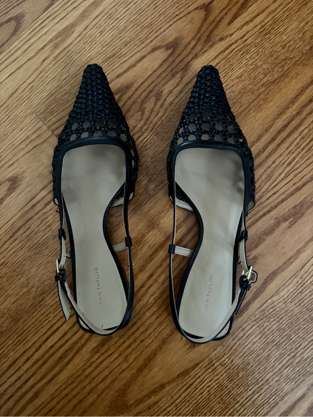 Ann Taylor Black Woven Pointed Slingback Flats with Cutout Detail